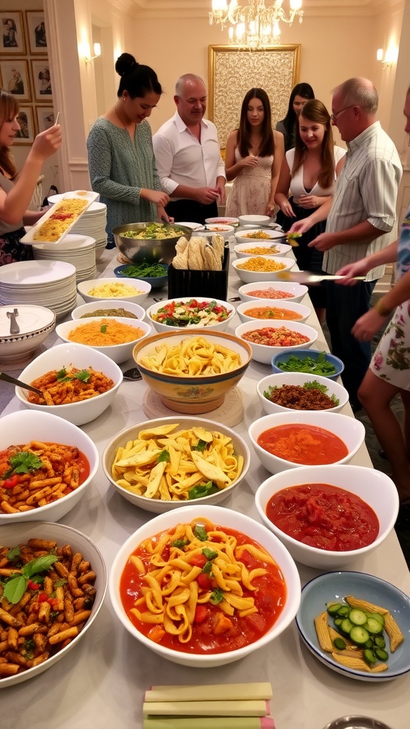 Creative Pasta Party Buffet Bar Ideas A festive pasta buffet bar with colorful pasta, sauces, and toppings, ready for guests to enjoy.